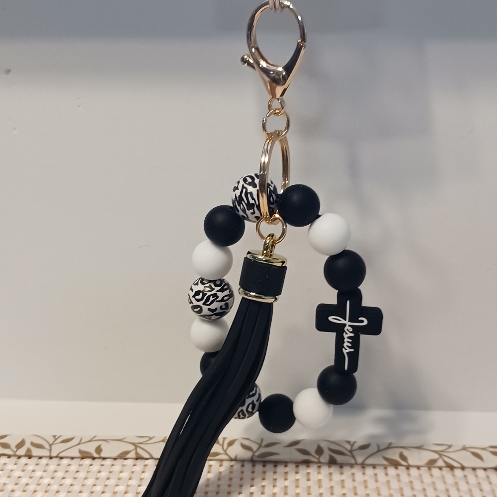 Black and White Beaded Keychain with Tassel